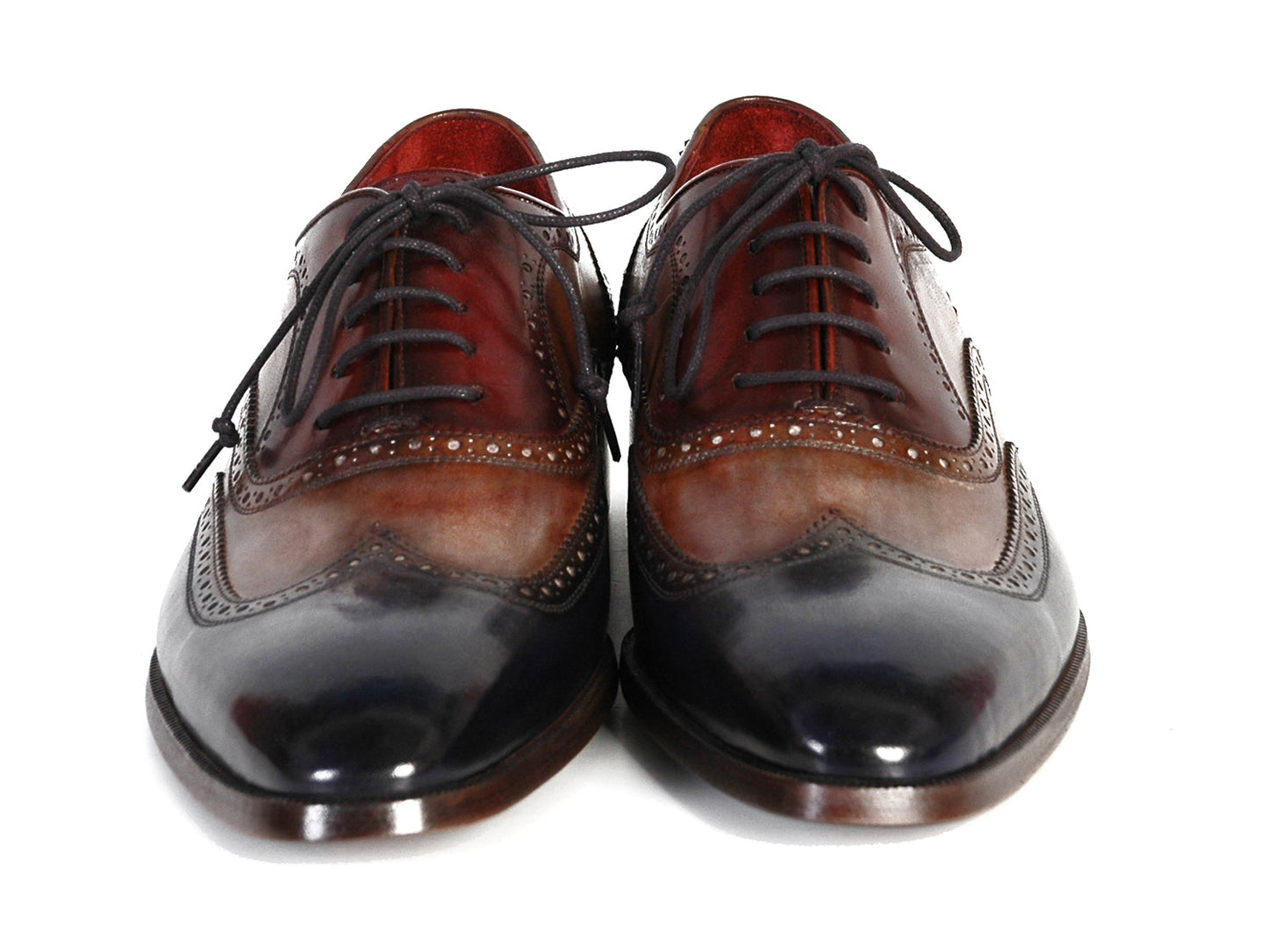 Paul Parkman Three Tone Wingtip Oxfords (PP2278): Hand-painted brown and navy blue leather brogues with decorative details and dark laces, displayed against a white background. Brand: Paul Parkman.