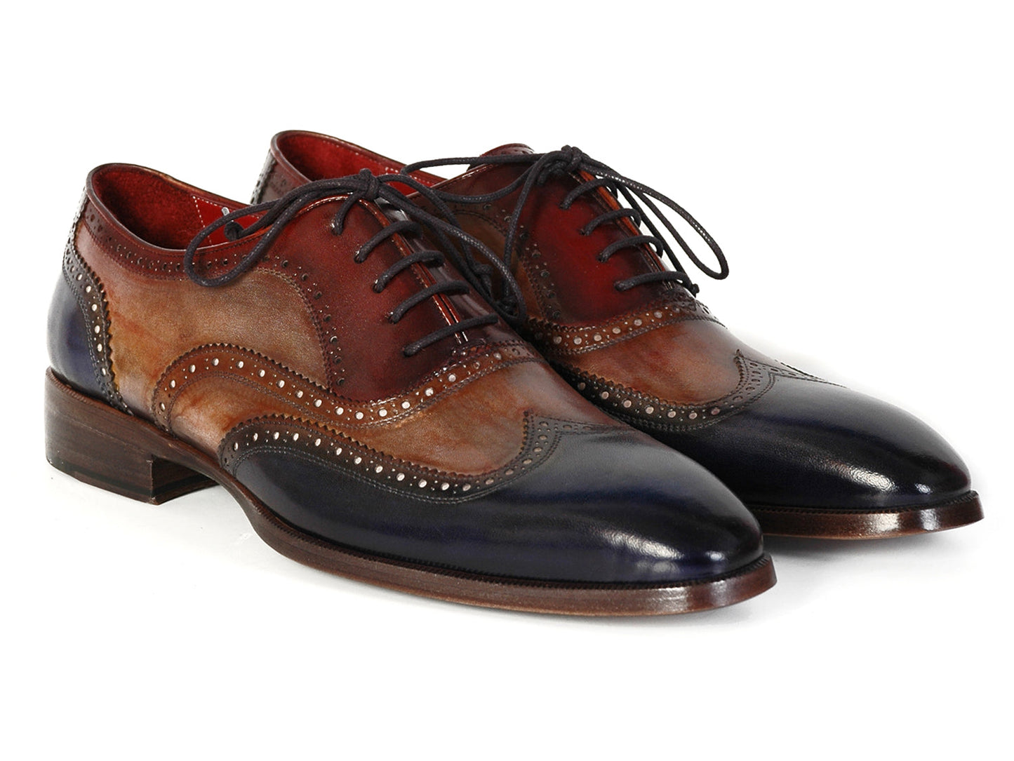 Paul Parkman Three Tone Wingtip Oxfords (PP2278): Hand-painted brown and navy blue leather brogues with decorative details and dark laces, displayed against a white background. Brand: Paul Parkman.