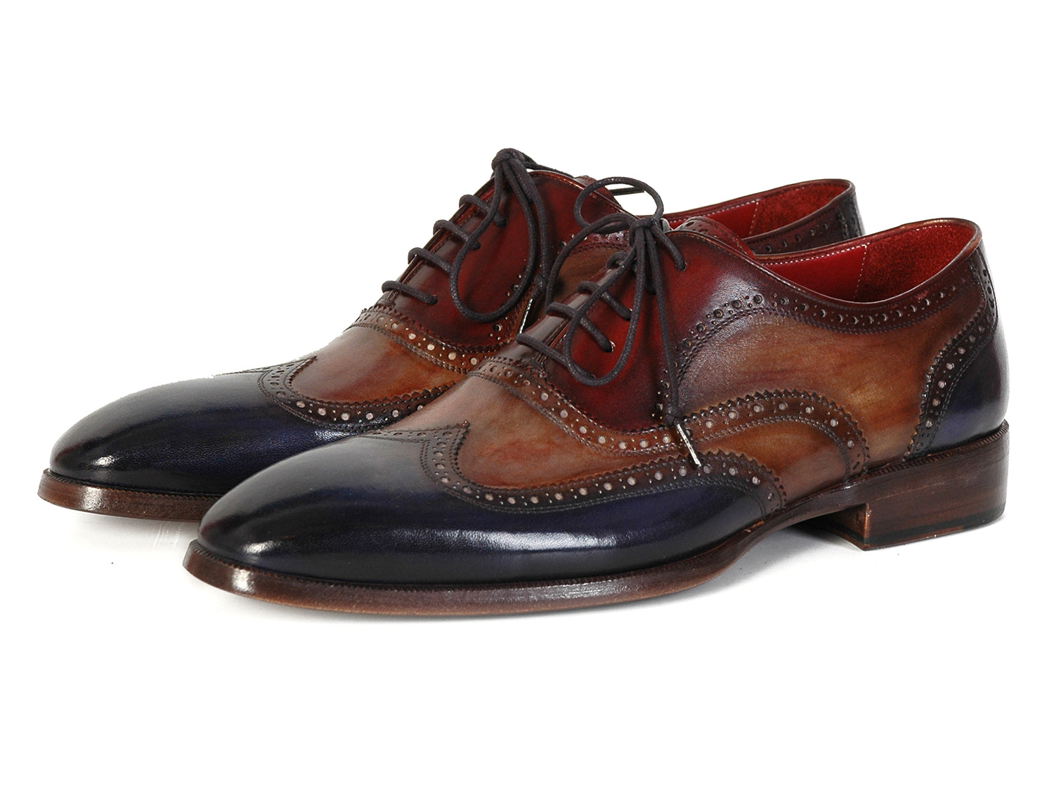 Paul Parkman Three Tone Wingtip Oxfords (PP2278): Hand-painted brown and navy blue leather brogues with decorative details and dark laces, displayed against a white background. Brand: Paul Parkman.