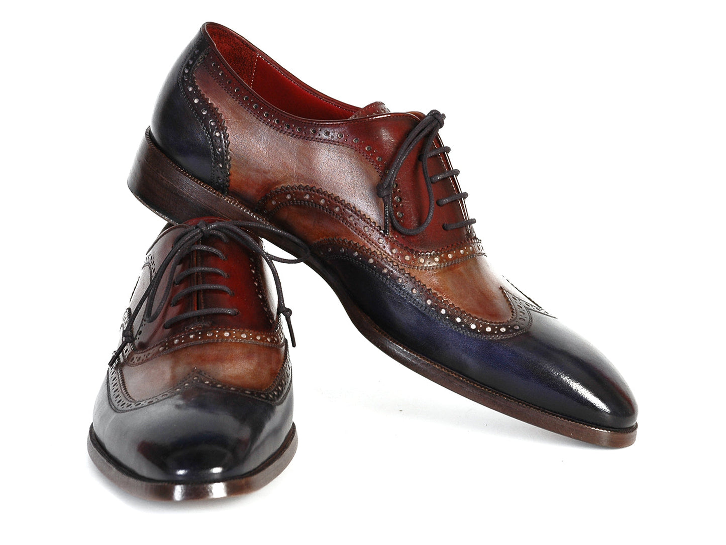 Paul Parkman Three Tone Wingtip Oxfords (PP2278): Hand-painted brown and navy blue leather brogues with decorative details and dark laces, displayed against a white background. Brand: Paul Parkman.