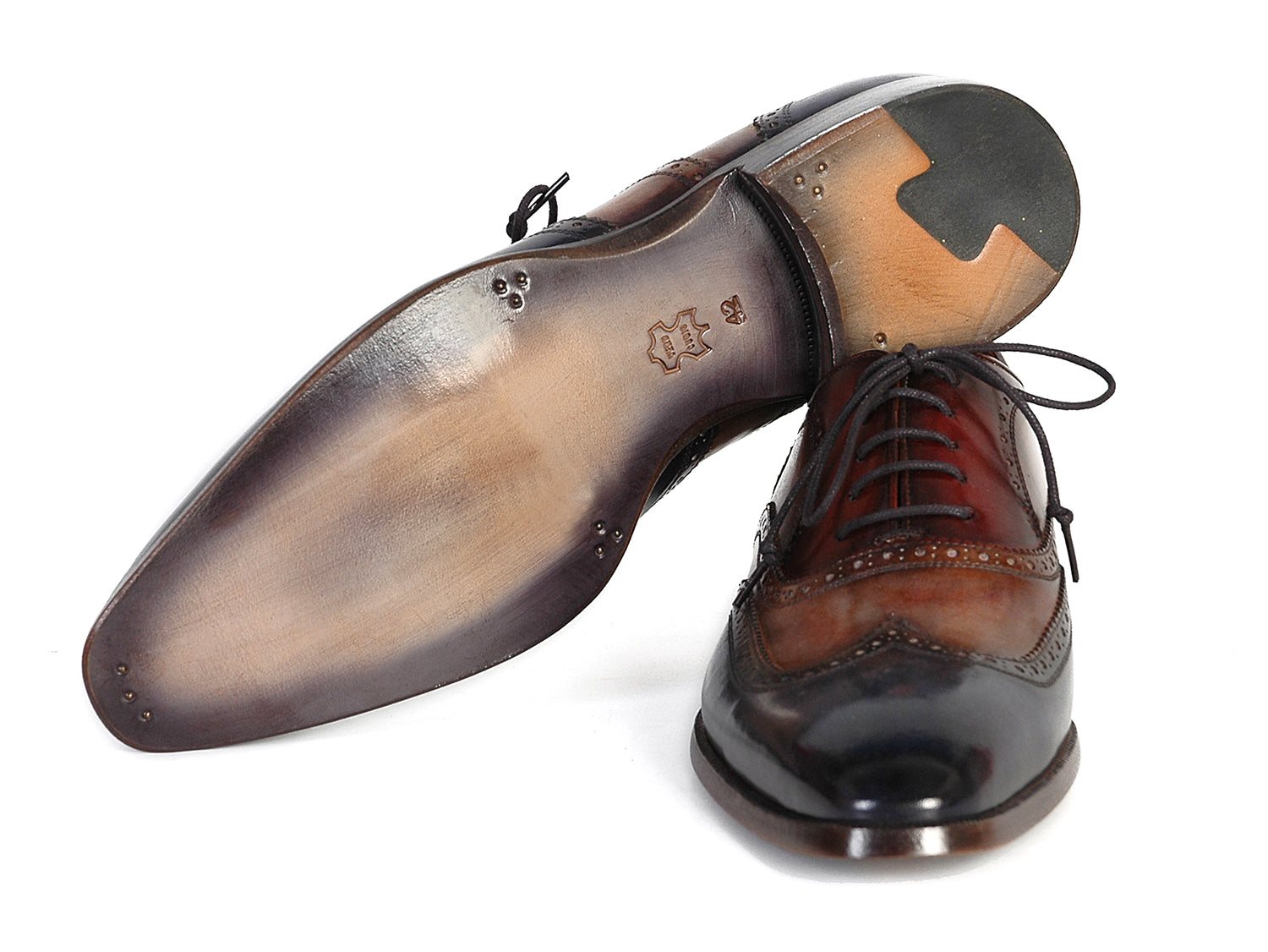 Paul Parkman Three Tone Wingtip Oxfords (PP2278): Hand-painted brown and navy blue leather brogues with decorative details and dark laces, displayed against a white background. Brand: Paul Parkman.