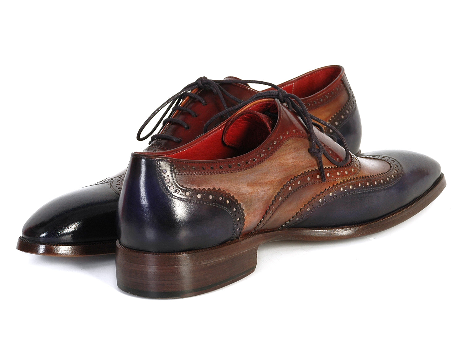 Paul Parkman Three Tone Wingtip Oxfords (PP2278): Hand-painted brown and navy blue leather brogues with decorative details and dark laces, displayed against a white background. Brand: Paul Parkman.