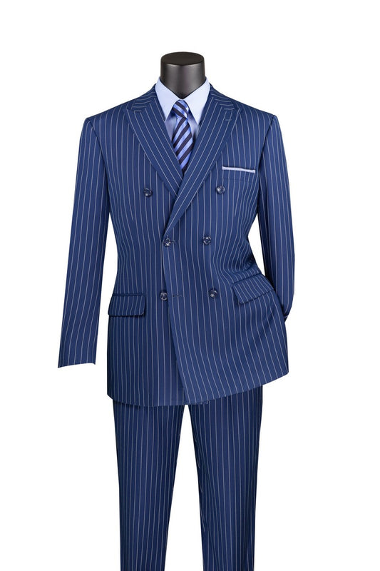 Displayed on a mannequin is the Vinci Suits Regular Fit Double Breasted Stripe 2 Piece Suit (Blue) DSS-4 with double-pleated pants, paired with a light blue shirt and a striped tie for an elegant ensemble.