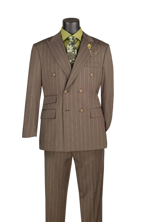 The Vinci Suits Regular Fit Brown 2 Piece Pinstripe Double Breasted Suit DSS-5 is styled with an olive shirt, floral tie, and lapel pin on a mannequin.