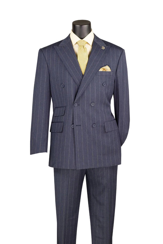 The Vinci Suits Regular Fit Denim Blue 2 Piece Pinstripe Double Breasted Suit DSS-5 is shown with a white shirt, yellow tie, and pocket square on a mannequin.