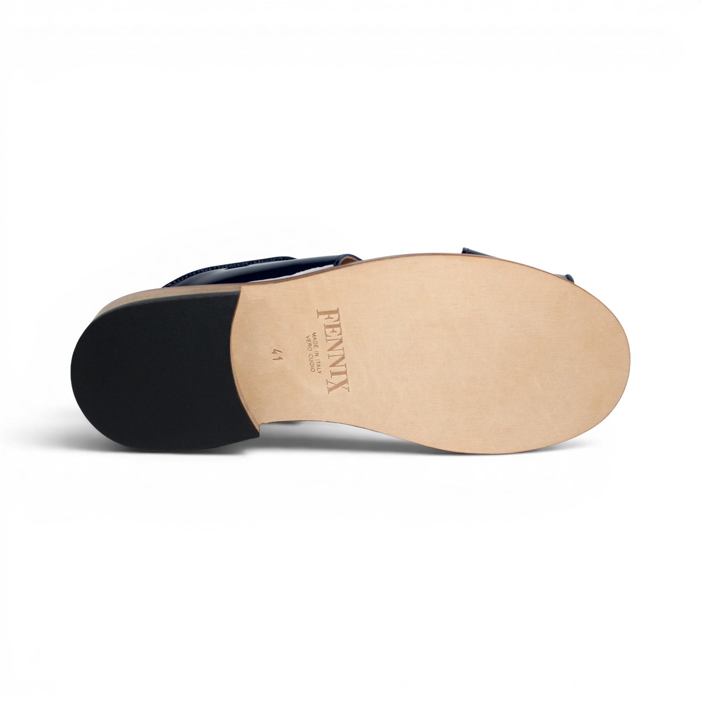 A side view of the Fennix Diego Blue sandal by Fennix of Italy, featuring a wooden sole, black patent leather sides, and a textured blue upper with intricate cut-out detailing—exemplifying the exotic luxury typical of Italian craftsmanship.