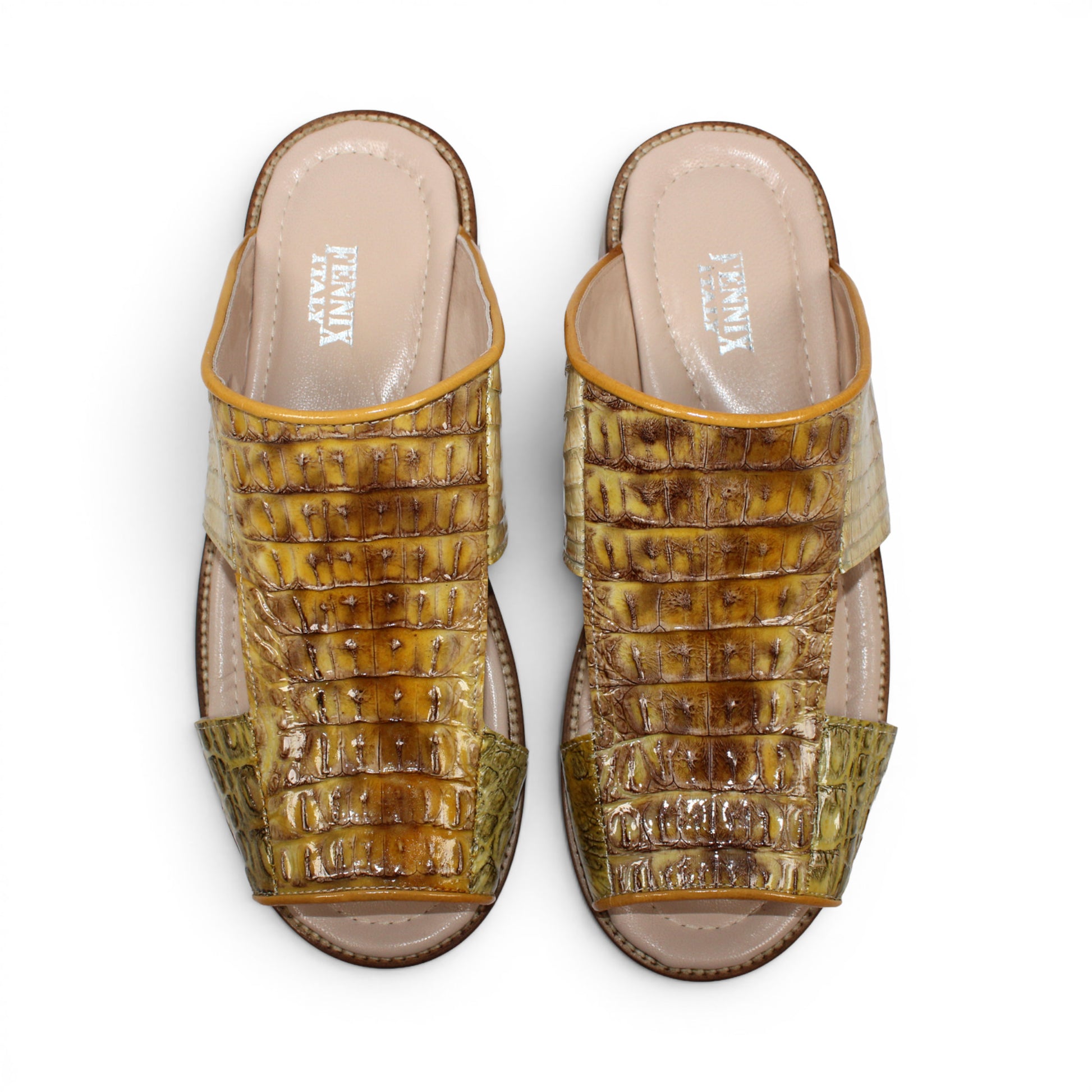 The Fennix Diego Yellow slide sandal by Fennix of Italy features yellow crocodile-embossed leather, an open toe, a wide strap, and a flat wooden sole—an eye-catching piece of exotic footwear inspired by Italian-made luxury shoes, shown from the side against a white background.