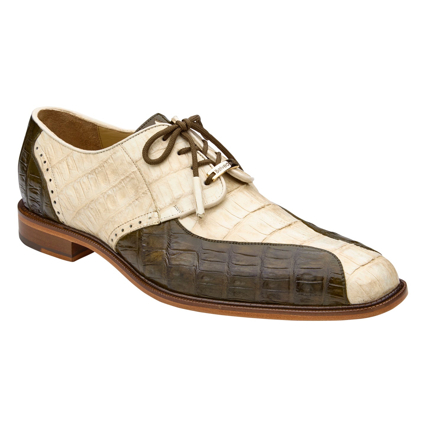 The BELVEDERE Domenico (R108) is a two-tone oxford dress shoe in bone and olive, made from genuine caiman leather with crocodile textures, brown laces, and a wooden sole, shown in side profile.