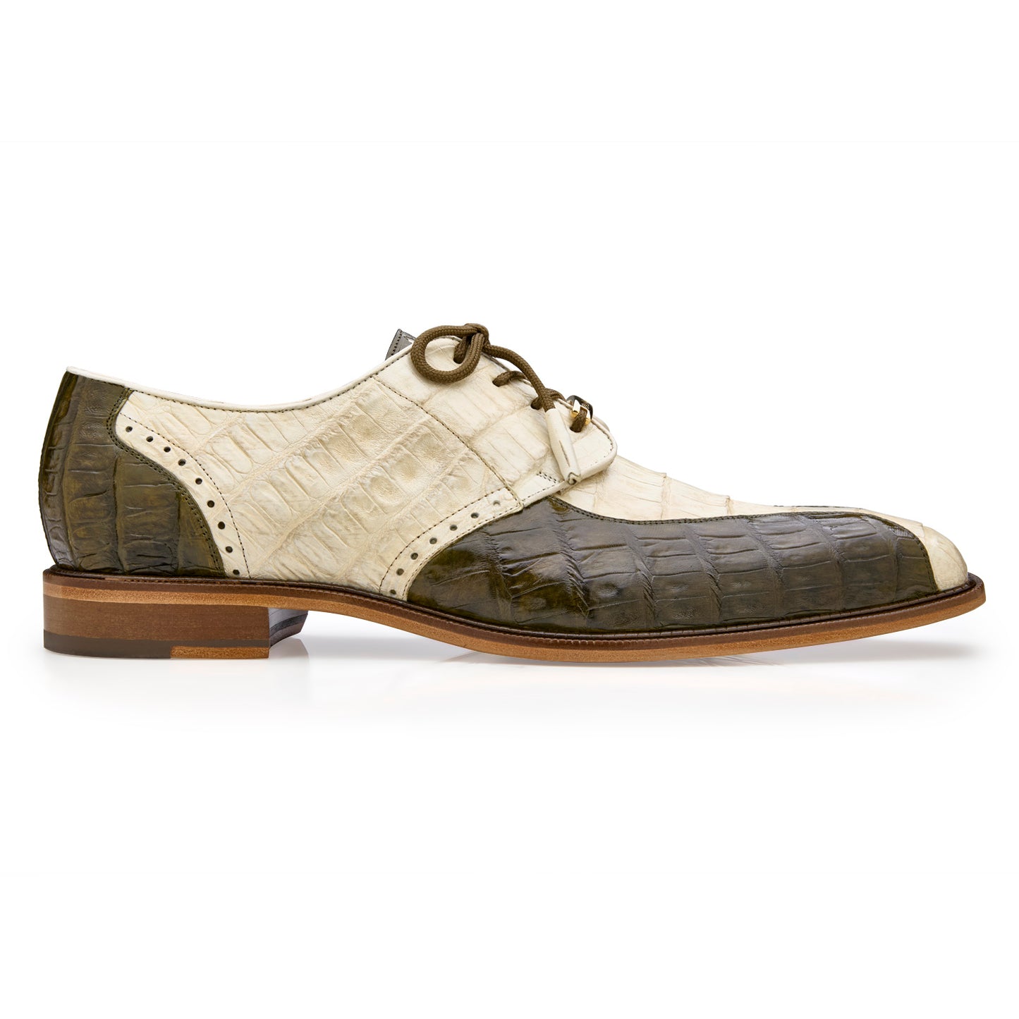 The BELVEDERE Domenico (R108) is a two-tone oxford dress shoe in bone and olive, made from genuine caiman leather with crocodile textures, brown laces, and a wooden sole, shown in side profile.