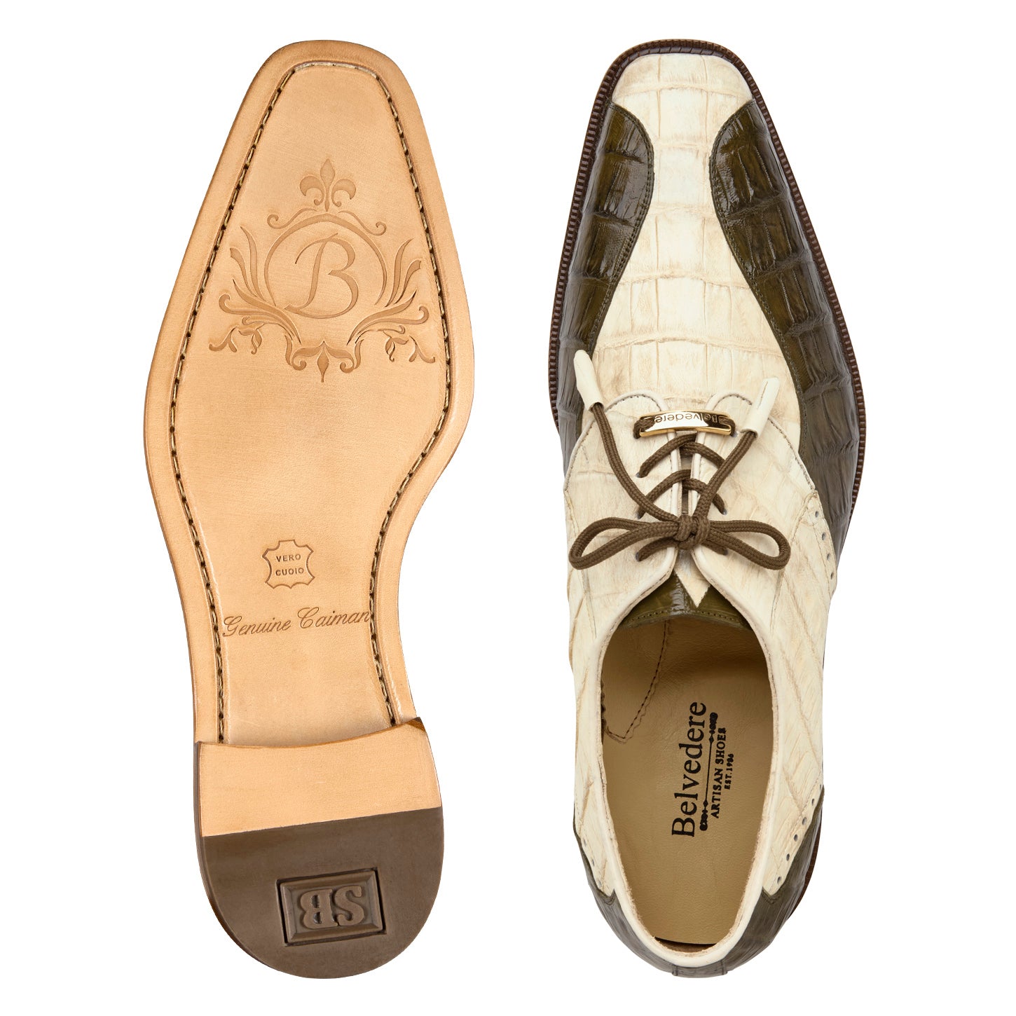 The BELVEDERE Domenico (R108) is a two-tone oxford dress shoe in bone and olive, made from genuine caiman leather with crocodile textures, brown laces, and a wooden sole, shown in side profile.