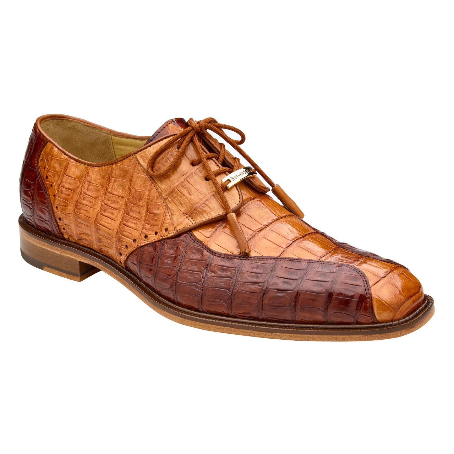 The BELVEDERE "Domenico" R108 is a two-tone Saddle/Ant. Walnut genuine caiman leather dress shoe with laces, low heel, and stitched sole, shown from the side on a white background.