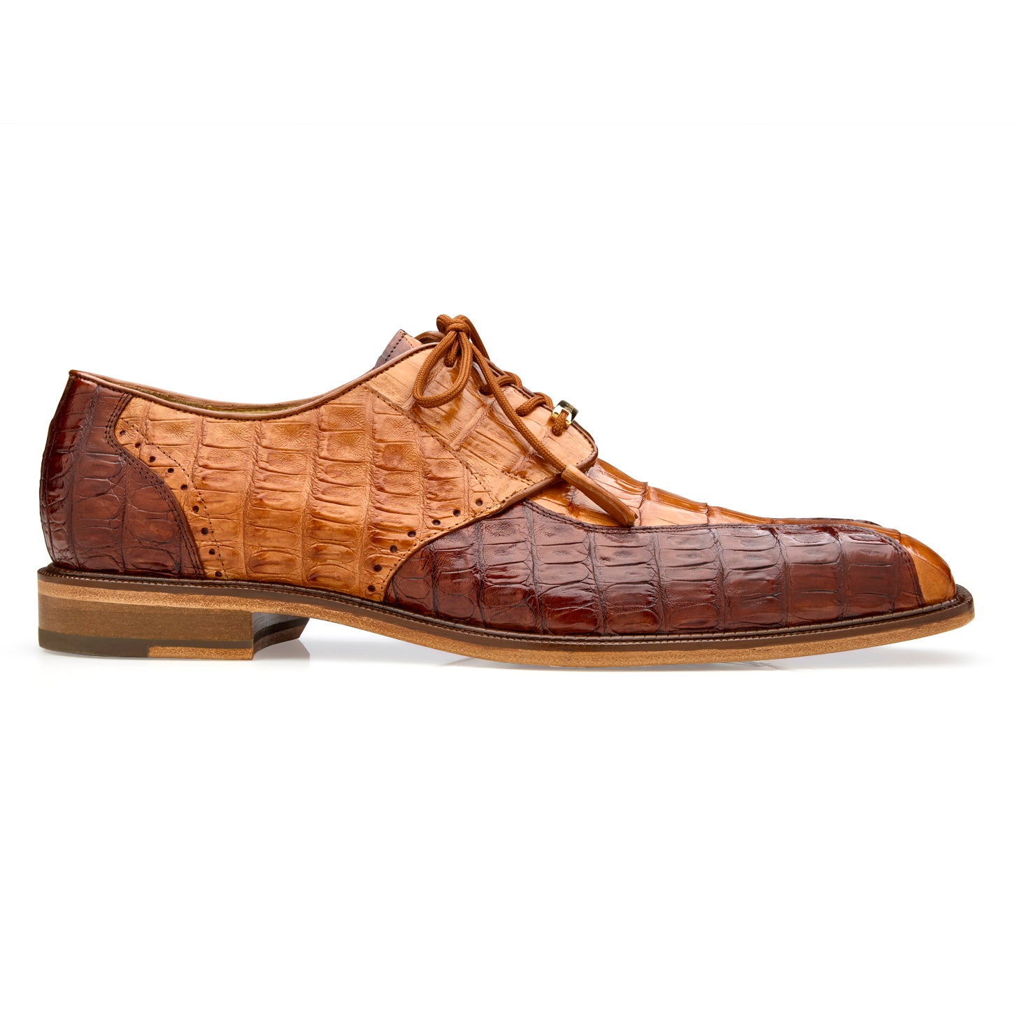 The BELVEDERE "Domenico" R108 is a two-tone Saddle/Ant. Walnut genuine caiman leather dress shoe with laces, low heel, and stitched sole, shown from the side on a white background.