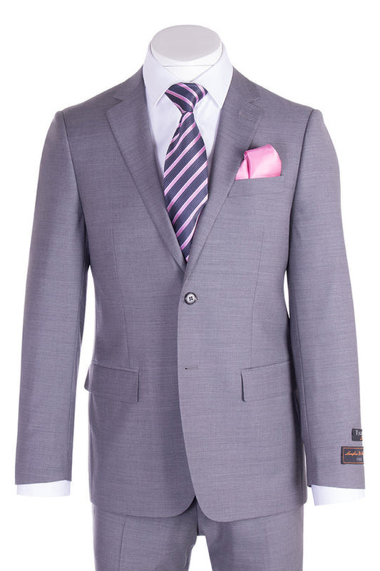The Tiglio Luxe Novello Light Gray Pure Wool Men’s Suit E09063/26 is displayed with a white dress shirt, pink and black striped tie, and pink pocket square on a mannequin—ideal for fans of fine Italian menswear by Tiglio Luxe.