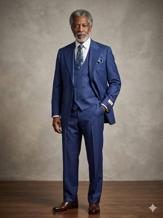 An older man with gray hair and beard stands on a wooden floor, wearing the Tiglio Rosso Orvietto Semi Wide Leg Suit TL7020 with a patterned tie and brown shoes, set against a neutral background.