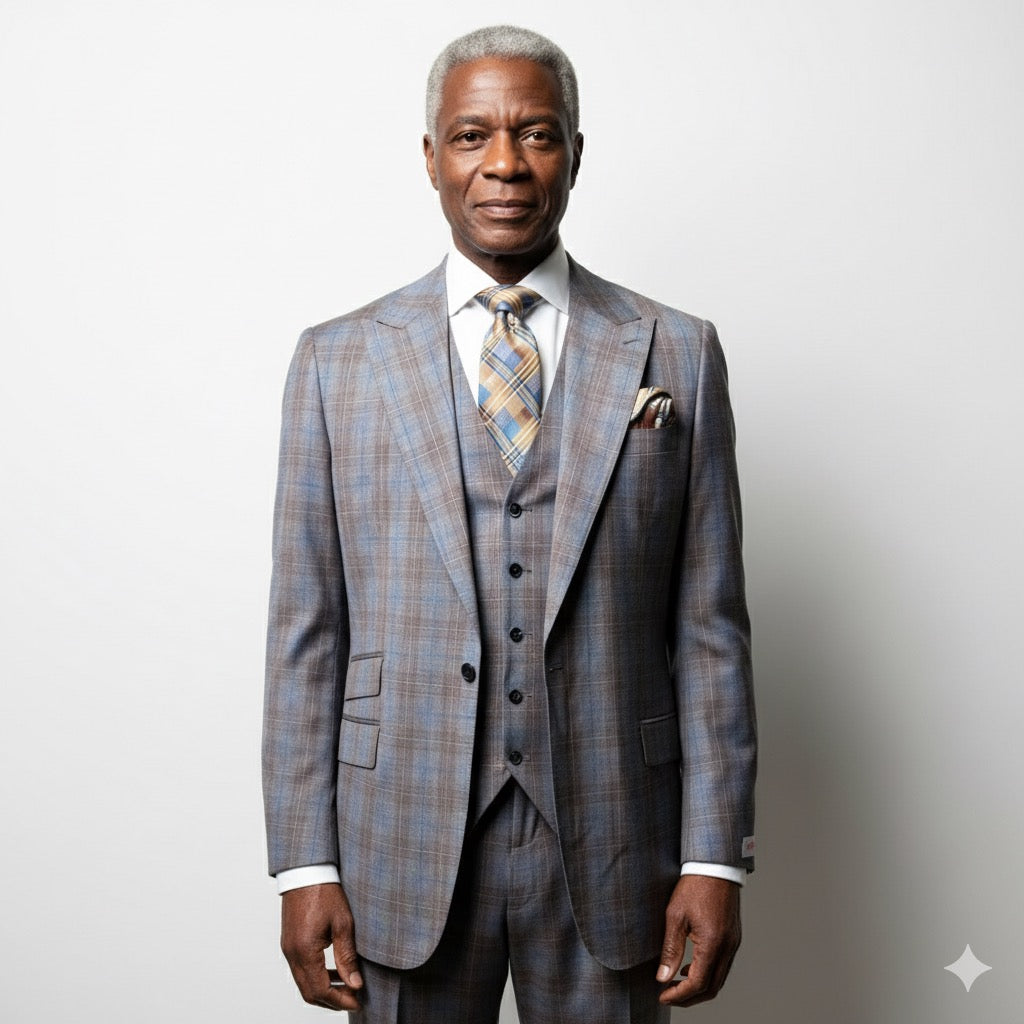 A mannequin in a Tiglio Rosso Grey/Brown/Blue Portofino Semi Wide Leg TL8051 suit, adorned with a striped tie and pocket square, showcases the elegance of Tiglio Rosso suits. Crafted from 100% wool, this sophisticated ensemble is featured amid stylishly displayed wide leg suits.