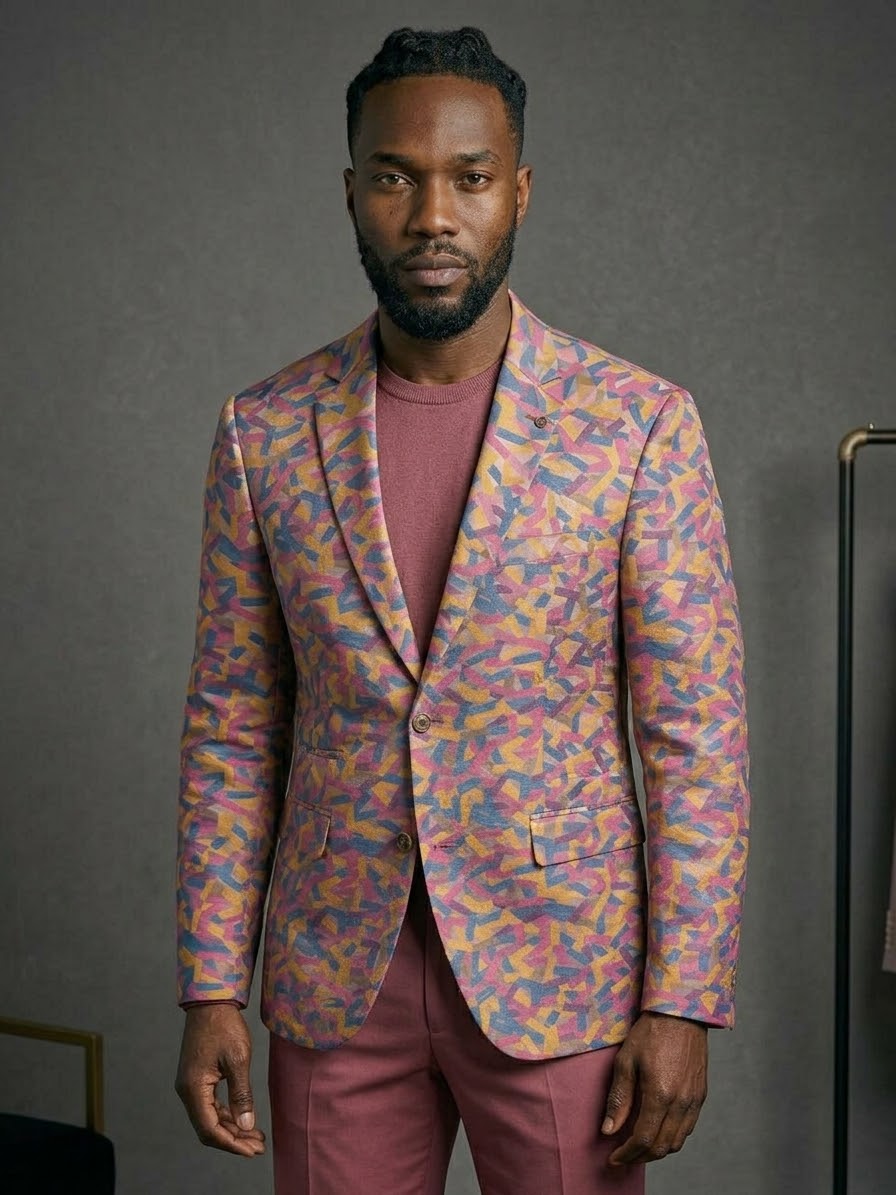 A man faces the camera wearing the EJ SAMUEL Jacket 24 Size Large over a mauve shirt and pants, against a neutral background. Final sale—no exchanges or returns.