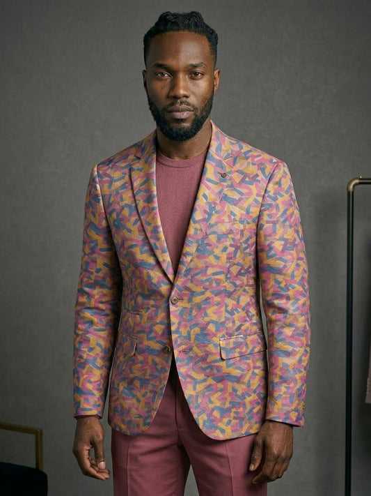 A man faces the camera wearing the EJ SAMUEL Jacket 24 Size Large over a mauve shirt and pants, against a neutral background. Final sale—no exchanges or returns.