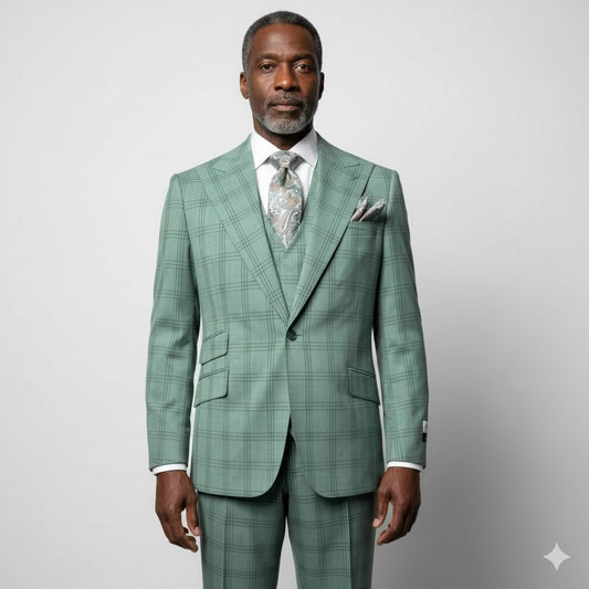 A mannequin wears a green plaid Tiglio Rosso Orvietto Semi Wide Leg TL6372 suit, styled with a white shirt, patterned tie, pocket square, and black shoes, standing against a plain gray background.