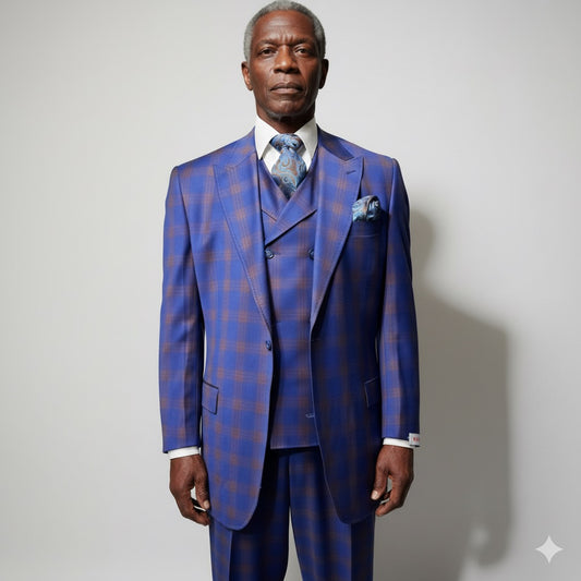 A mannequin showcases the Tiglio Rosso San Giovesse Blue Rust Wide Leg suit (TL8302), featuring blue and rust plaid, matching vest, patterned tie, and pocket square by Tiglio Rosso, set against a neutral background.