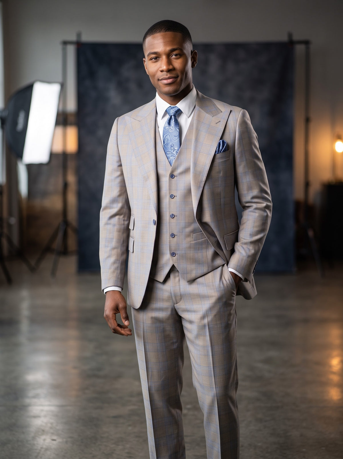 A man wearing a Tiglio Luxe Antibes Semi Tan/Blue Plaid Wide Leg Suit TL8312, a three-piece pure wool suit with a white dress shirt and blue paisley tie, embodying luxury men’s clothing.