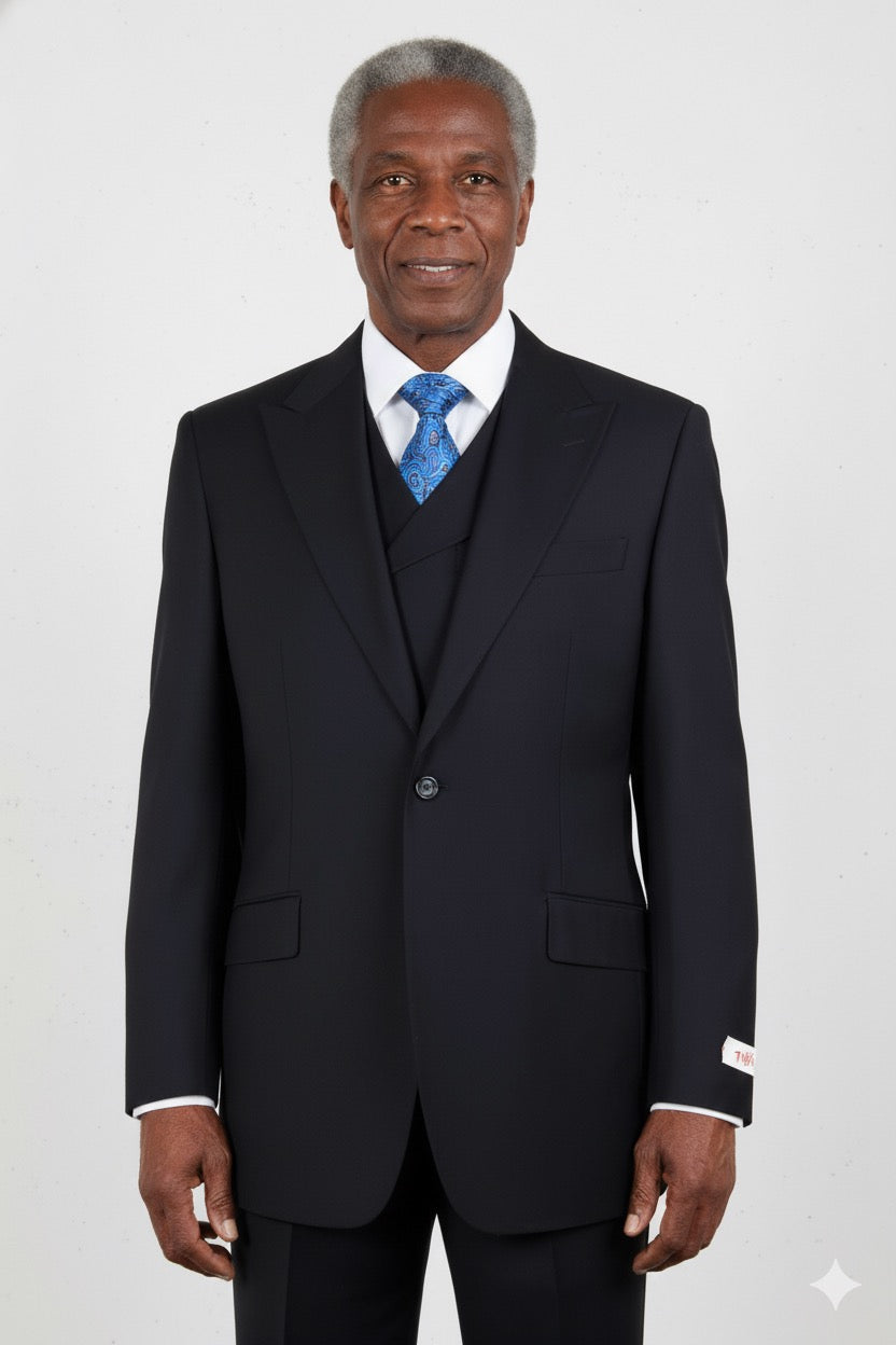 A navy Tiglio Rosso San Giovesse three-piece suit, crafted from 100% wool and styled with a white shirt and black tie on a mannequin, is displayed against a plain background.
