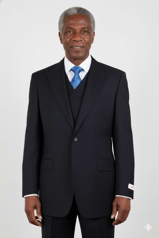 A navy Tiglio Rosso San Giovesse three-piece suit, crafted from 100% wool and styled with a white shirt and black tie on a mannequin, is displayed against a plain background.