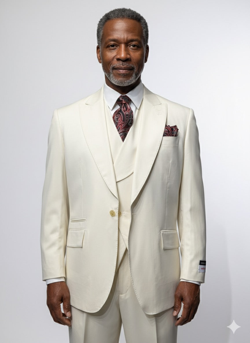 A man with short gray hair and a beard wears a Tiglio Rosso "New Rosso" Off White Wide Leg Pure Wool Suit & Vest TL2622, paired with a white shirt and patterned tie, standing against a plain light background.