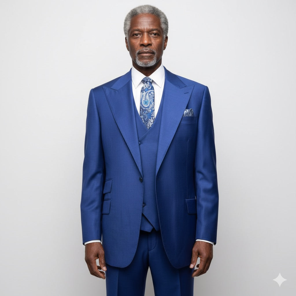 The Tiglio Rosso Orvietto Solid French Blue Single Pleat FBLUE, a sophisticated three-piece suit made from 100% wool, is gracefully showcased on a mannequin against a concrete wall.