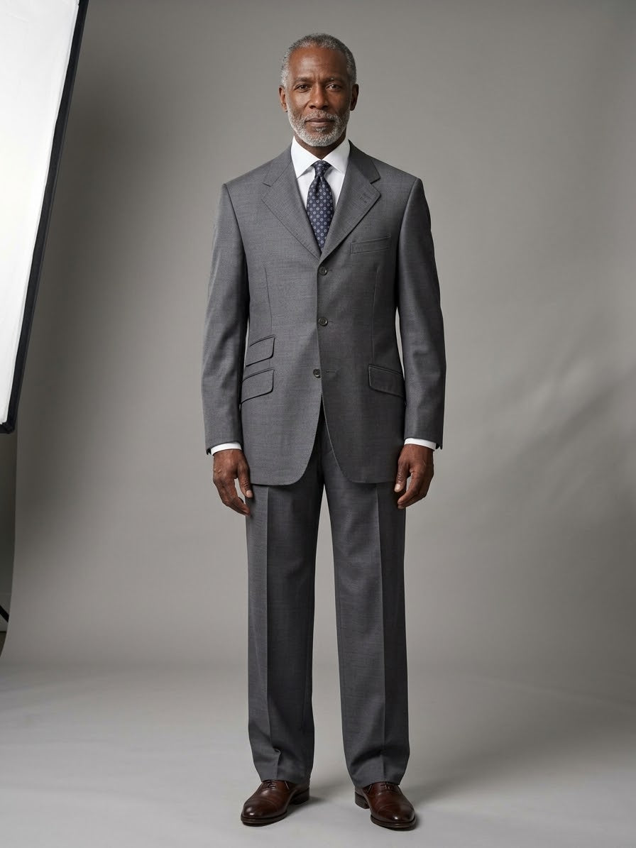 An older man in a Tiglio “BASITO” Charcoal Wide Leg Pure Wool Suit by Tiglio Rosso stands facing forward in a studio with a neutral background and soft lighting.