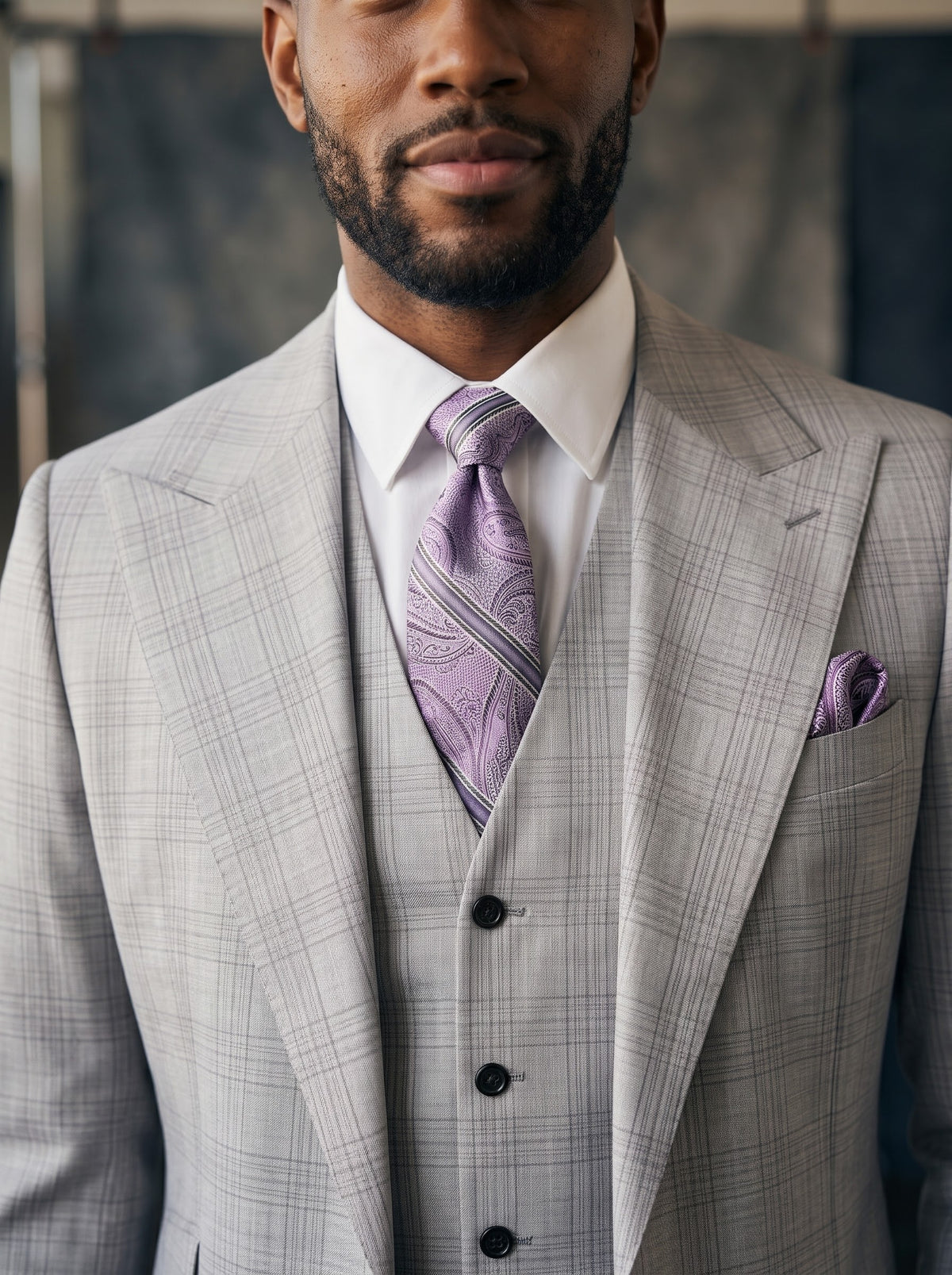 A man wearing a Tiglio Luxe Antibes Grey/Lilac Plaid Semi Wide Leg Suit TL8059, a luxury three-piece grey plaid suit with a white shirt, patterned lilac tie, and matching pocket square.