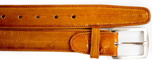 A close-up of the BELVEDERE Belvedere Eel Belt Camel 2002, featuring multiple holes and a silver buckle, displayed laid flat as an adjustable accessory.