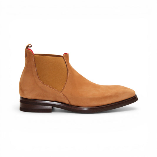 The Emilio Franco EF311 Camel by Emilio Franco is a tan suede Chelsea boot, handcrafted in Italy with an elastic side panel, a dark brown sole, and red trim detail—an expression of casual elegance, shown in profile against a white background.