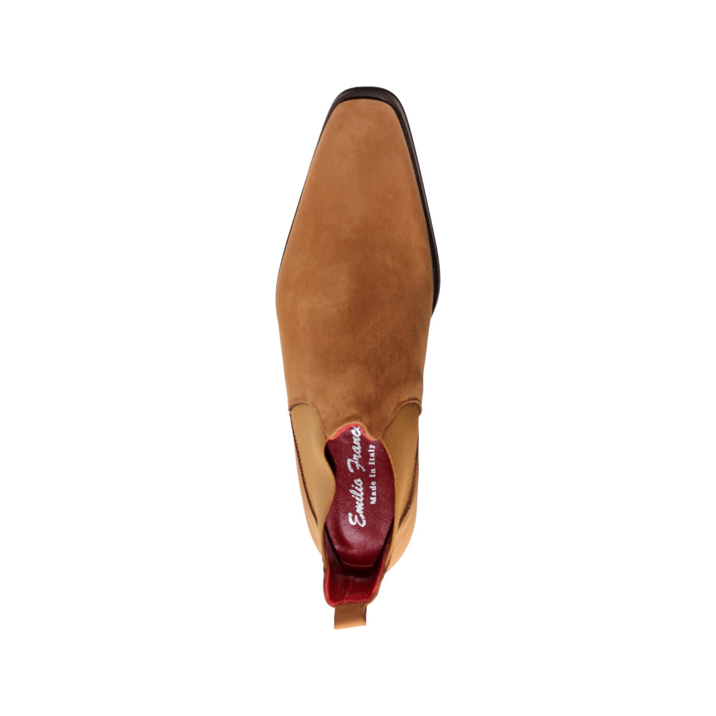 The Emilio Franco EF311 Camel by Emilio Franco is a tan suede Chelsea boot, handcrafted in Italy with an elastic side panel, a dark brown sole, and red trim detail—an expression of casual elegance, shown in profile against a white background.