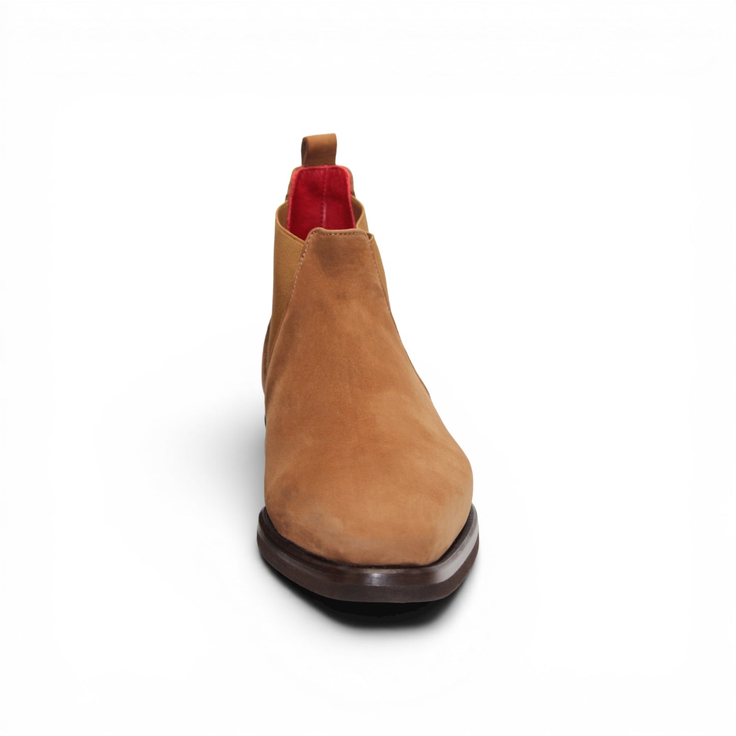 The Emilio Franco EF311 Camel by Emilio Franco is a tan suede Chelsea boot, handcrafted in Italy with an elastic side panel, a dark brown sole, and red trim detail—an expression of casual elegance, shown in profile against a white background.