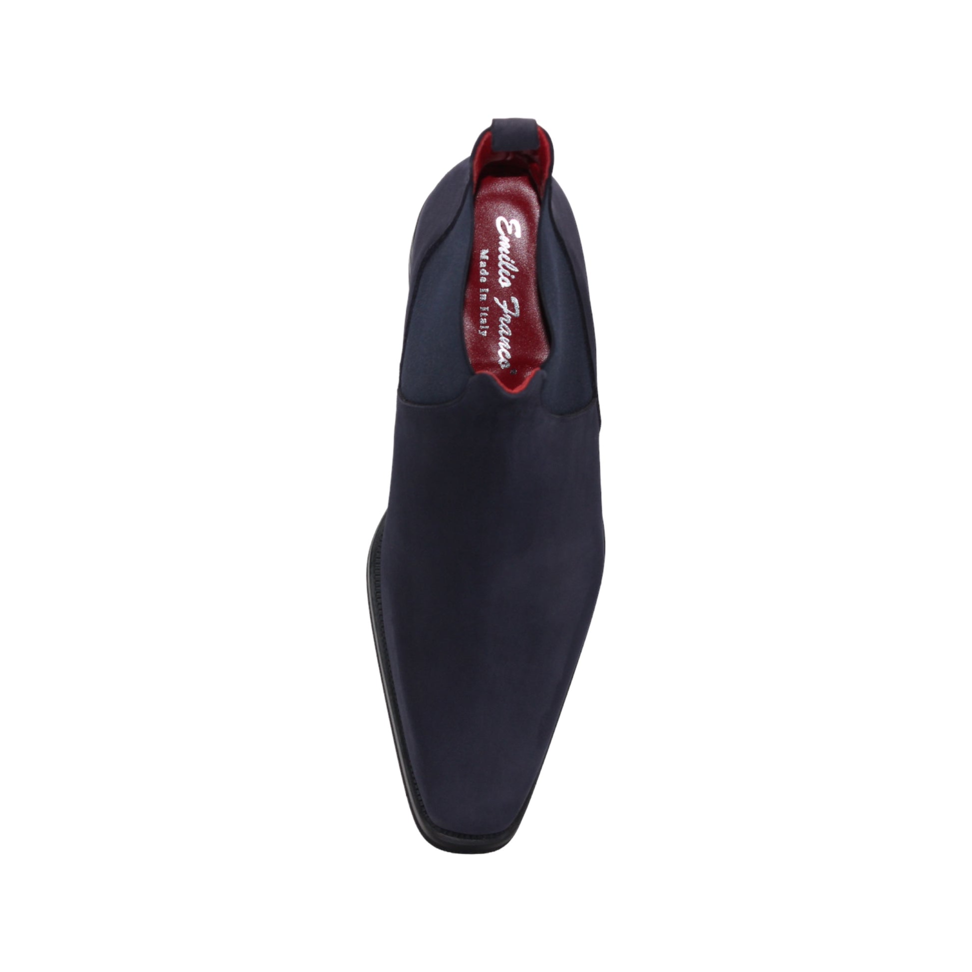 Introducing the Emilio Franco EF311 Navy by Emilio Franco — a meticulously handcrafted Chelsea boot in navy blue suede, featuring a black sole, elastic side panels, a convenient heel pull tab, and a subtle red lining. Expertly made in Italy, it exudes casual elegance and superior quality.
