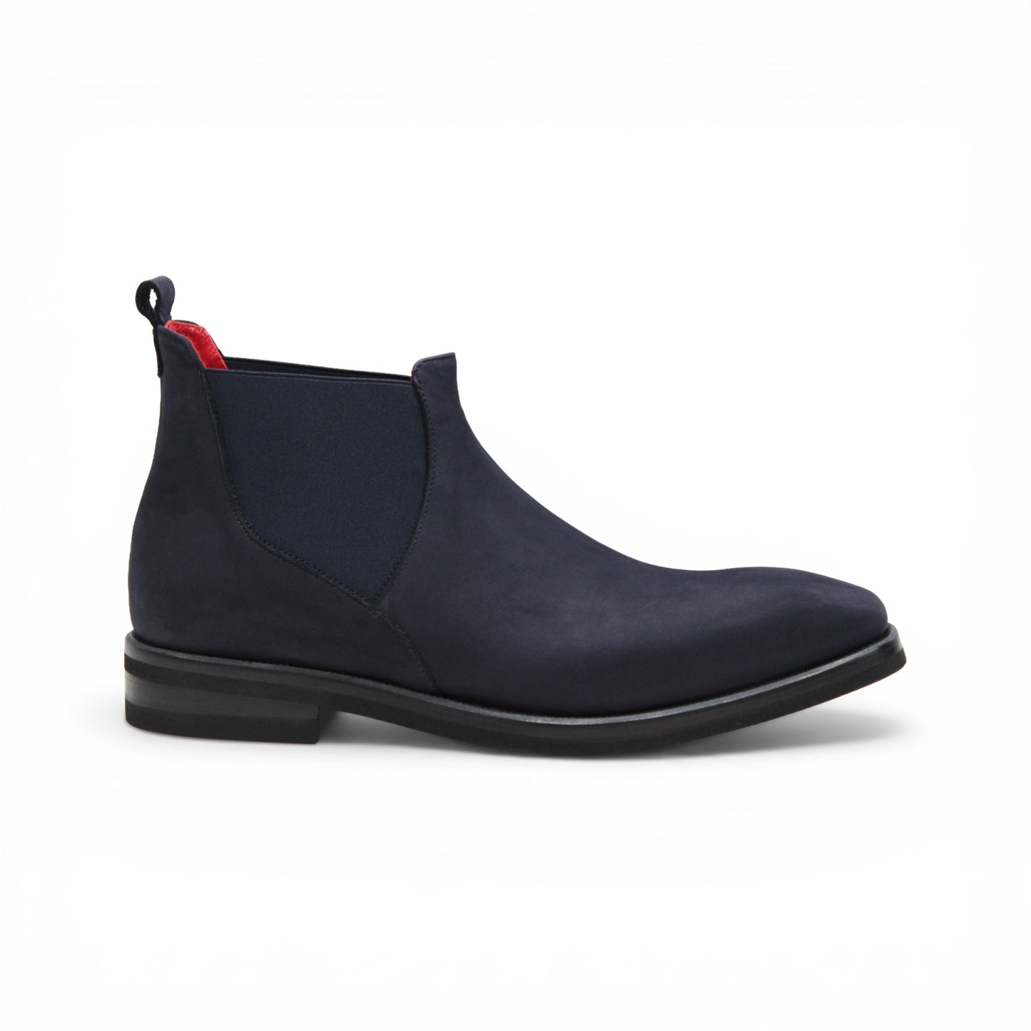 Introducing the Emilio Franco EF311 Navy by Emilio Franco — a meticulously handcrafted Chelsea boot in navy blue suede, featuring a black sole, elastic side panels, a convenient heel pull tab, and a subtle red lining. Expertly made in Italy, it exudes casual elegance and superior quality.