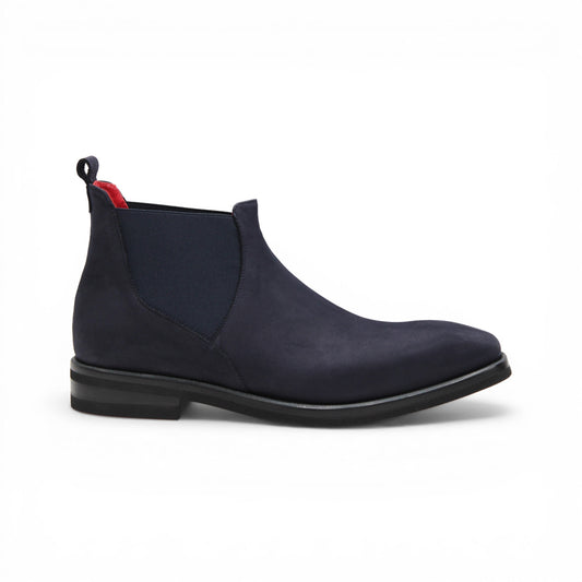Introducing the Emilio Franco EF311 Navy by Emilio Franco — a meticulously handcrafted Chelsea boot in navy blue suede, featuring a black sole, elastic side panels, a convenient heel pull tab, and a subtle red lining. Expertly made in Italy, it exudes casual elegance and superior quality.