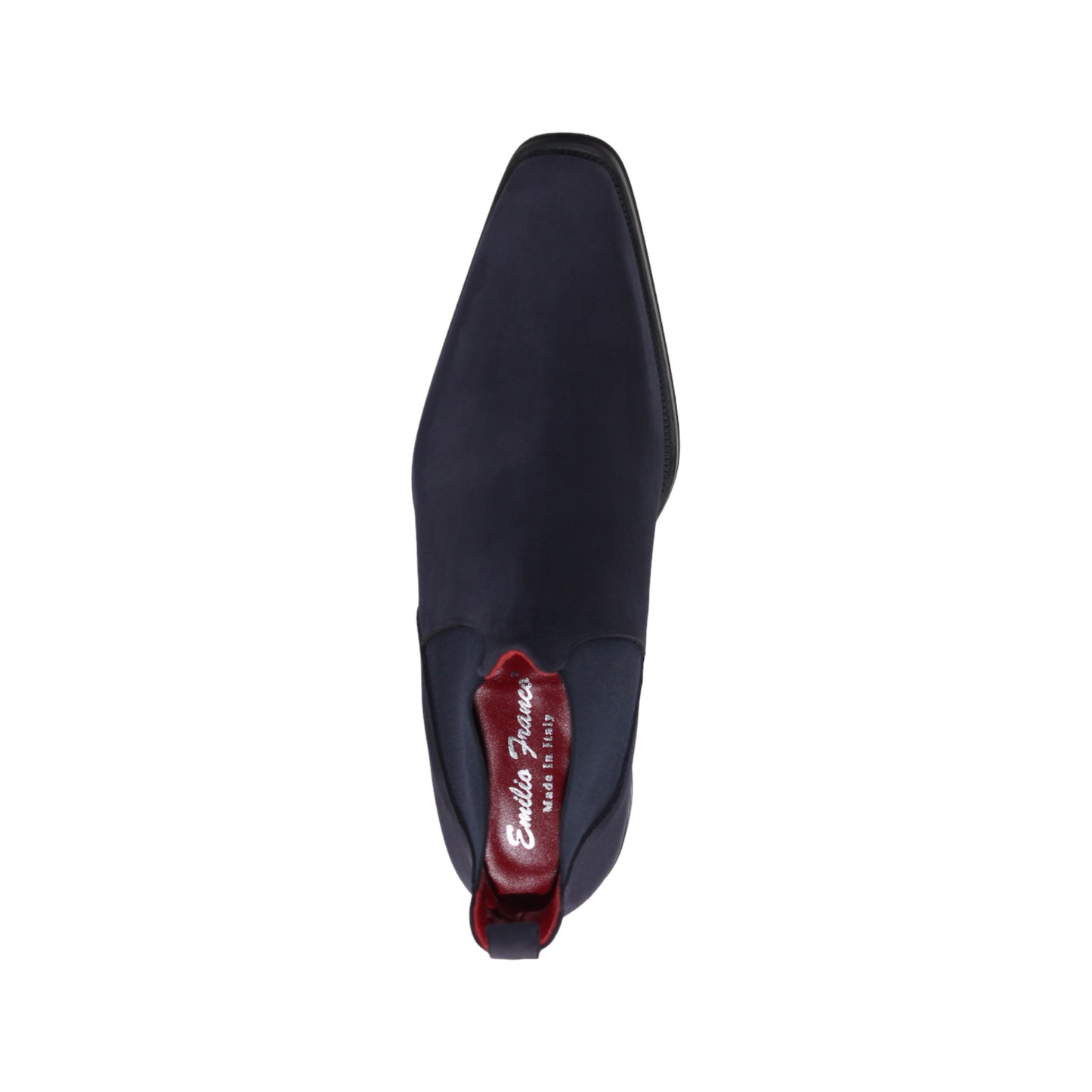 Introducing the Emilio Franco EF311 Navy by Emilio Franco — a meticulously handcrafted Chelsea boot in navy blue suede, featuring a black sole, elastic side panels, a convenient heel pull tab, and a subtle red lining. Expertly made in Italy, it exudes casual elegance and superior quality.