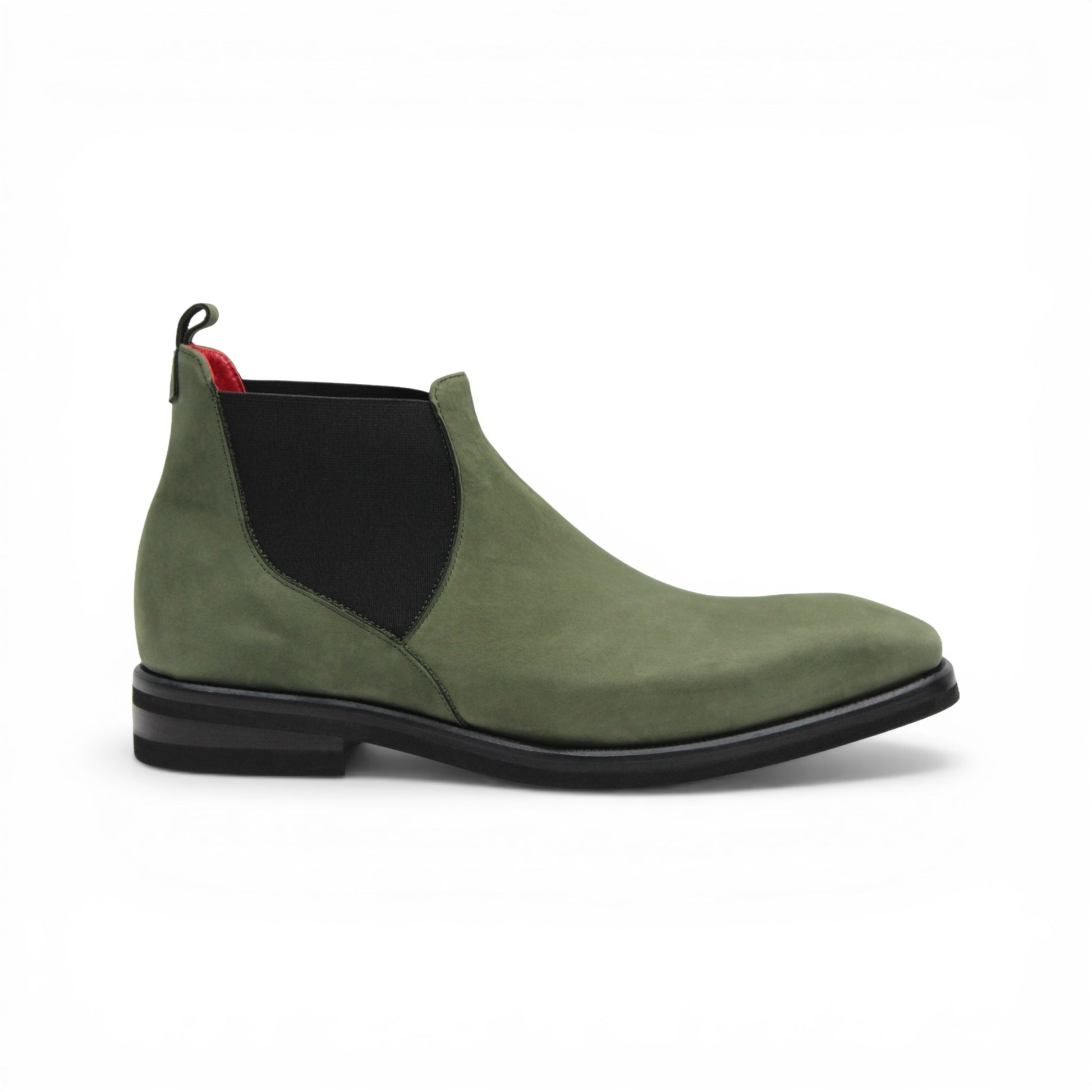 The Emilio Franco EF311 Olive is a green leather Chelsea boot crafted from genuine Italian nabuk, featuring black elastic side panels, a black sole, and a red pull tab at the heel. Presented in profile on a white background, this shoe by Emilio Franco effortlessly blends casual elegance with timeless style.