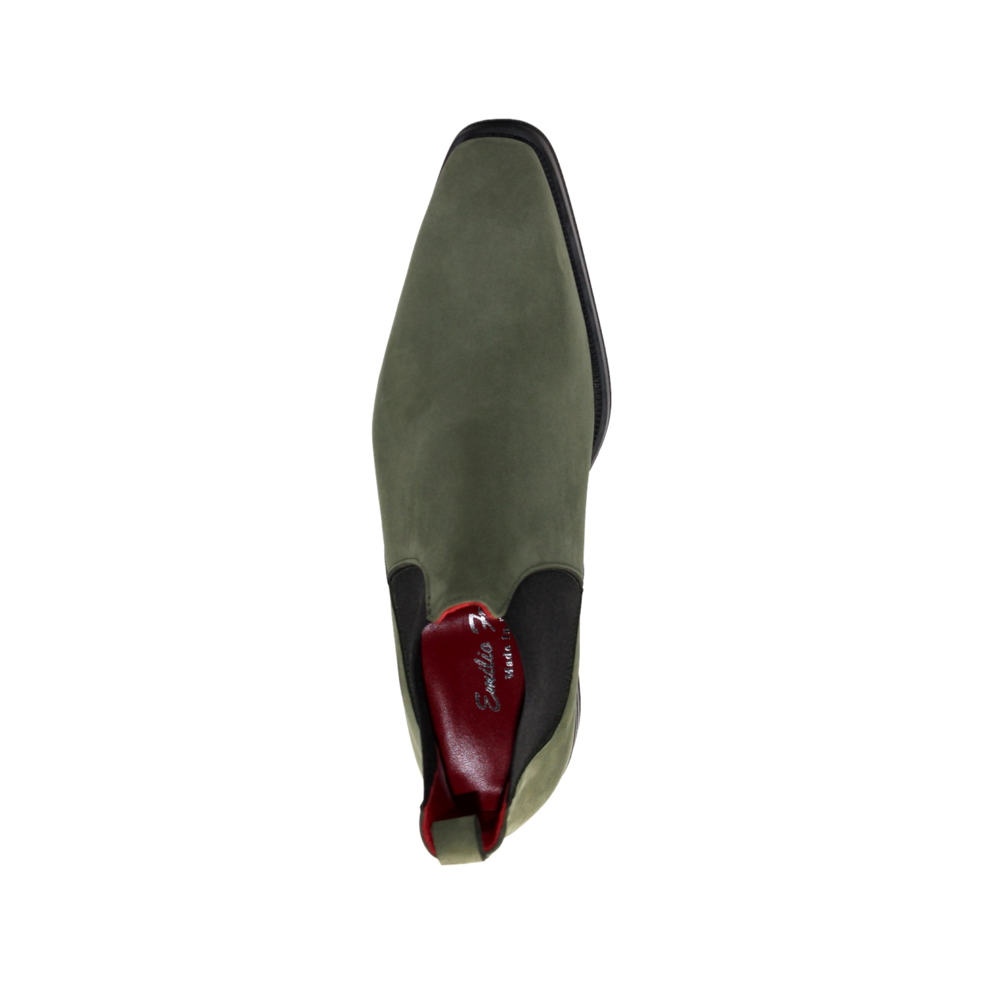 The Emilio Franco EF311 Olive is a green leather Chelsea boot crafted from genuine Italian nabuk, featuring black elastic side panels, a black sole, and a red pull tab at the heel. Presented in profile on a white background, this shoe by Emilio Franco effortlessly blends casual elegance with timeless style.