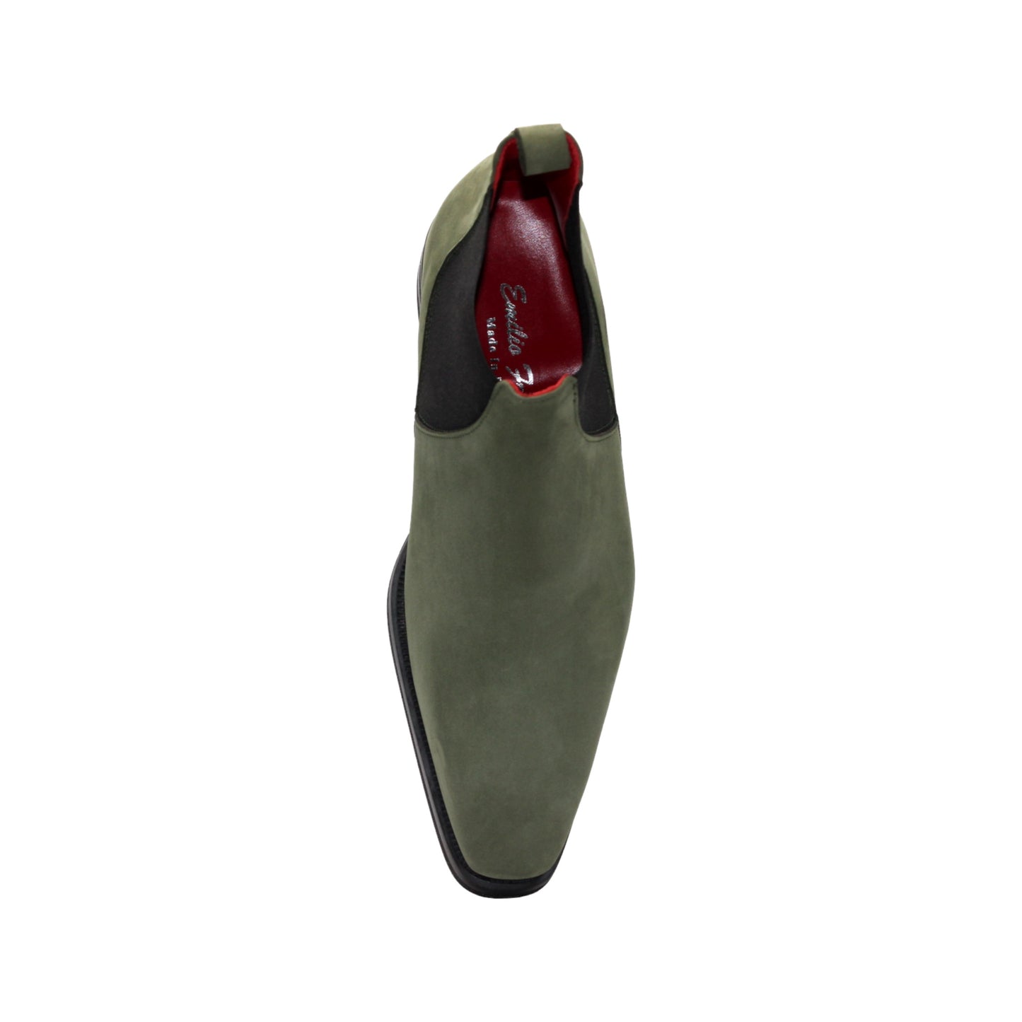 The Emilio Franco EF311 Olive is a green leather Chelsea boot crafted from genuine Italian nabuk, featuring black elastic side panels, a black sole, and a red pull tab at the heel. Presented in profile on a white background, this shoe by Emilio Franco effortlessly blends casual elegance with timeless style.