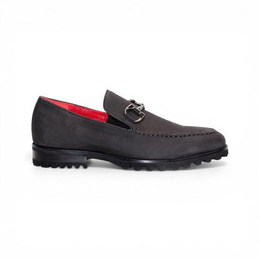 Emilio Franco EF363 Black loafer featuring a genuine Nabuk leather upper, metal bit detail, visible red inner lining, black rubber sole, and toe stitching, displayed on a white background.