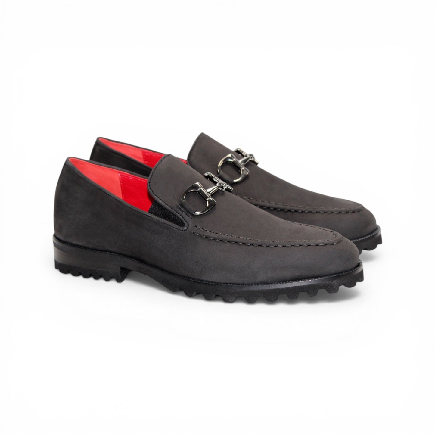 Emilio Franco EF363 Black loafer featuring a genuine Nabuk leather upper, metal bit detail, visible red inner lining, black rubber sole, and toe stitching, displayed on a white background.