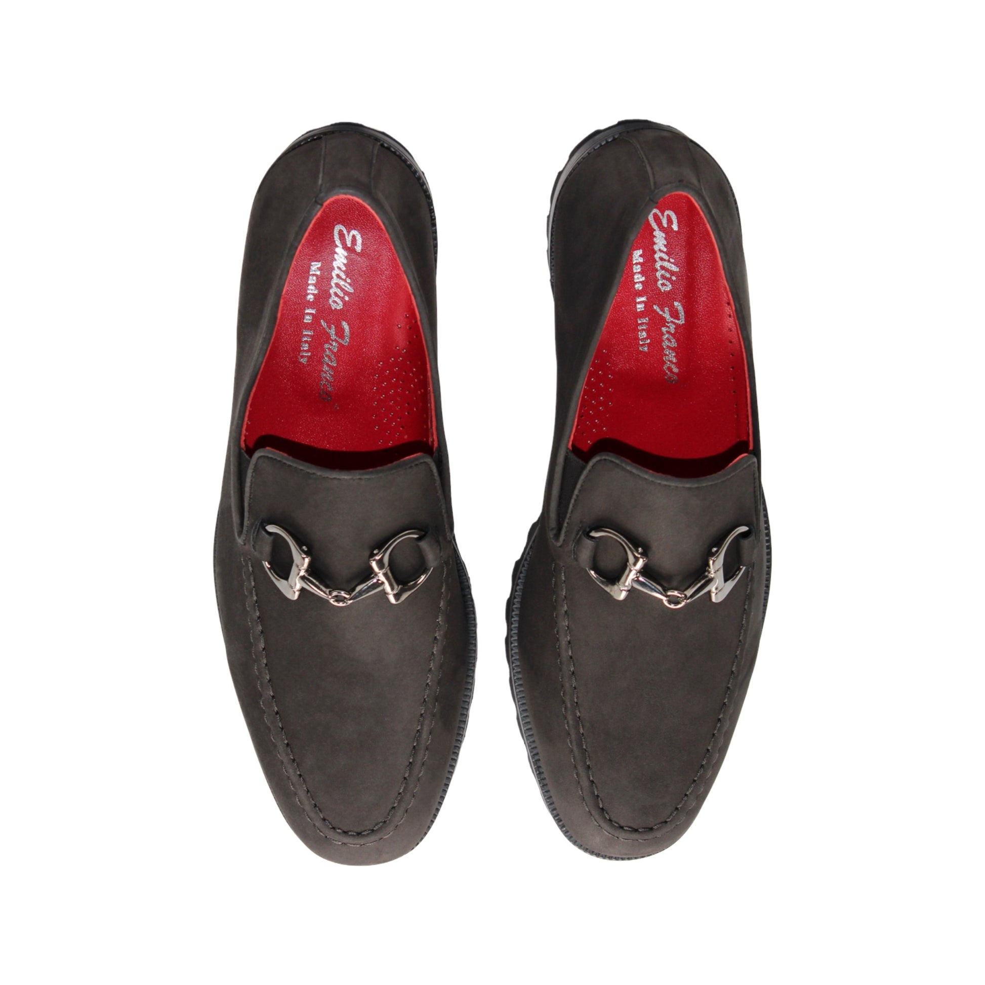 Emilio Franco EF363 Black loafer featuring a genuine Nabuk leather upper, metal bit detail, visible red inner lining, black rubber sole, and toe stitching, displayed on a white background.