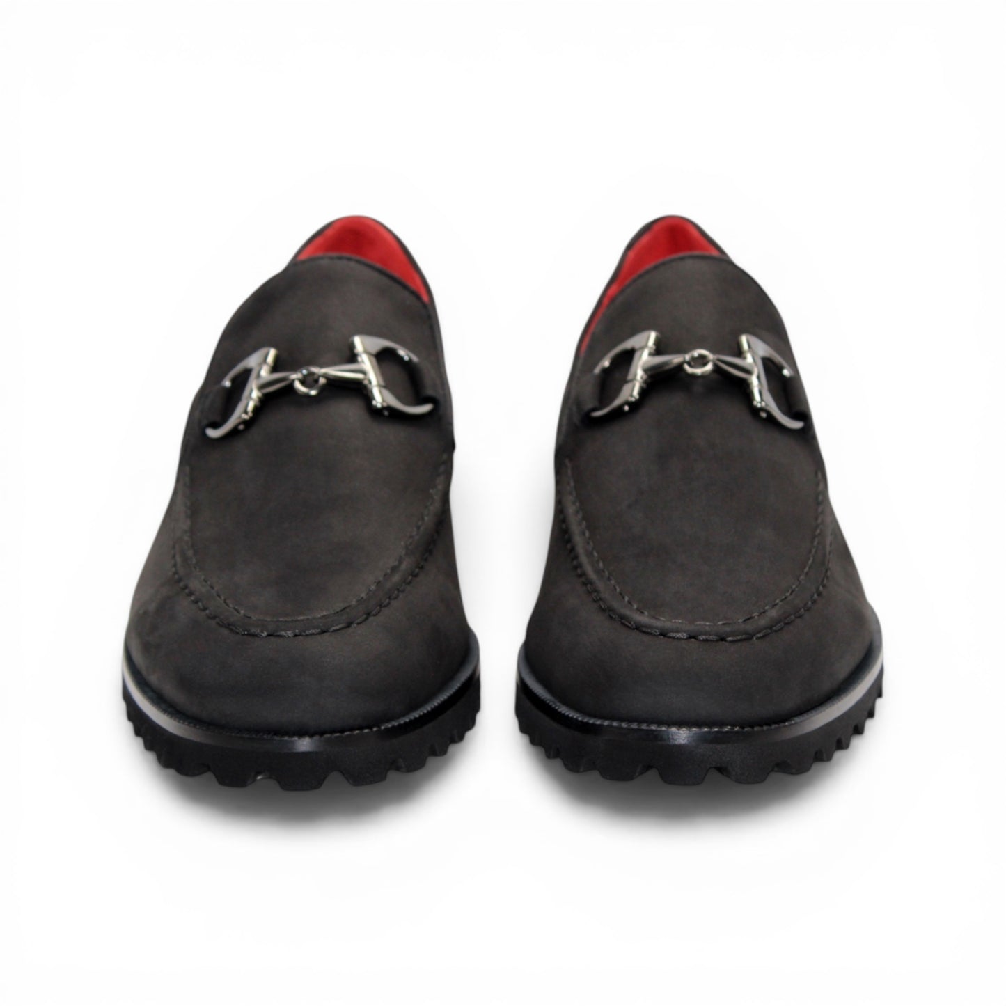 Emilio Franco EF363 Black loafer featuring a genuine Nabuk leather upper, metal bit detail, visible red inner lining, black rubber sole, and toe stitching, displayed on a white background.
