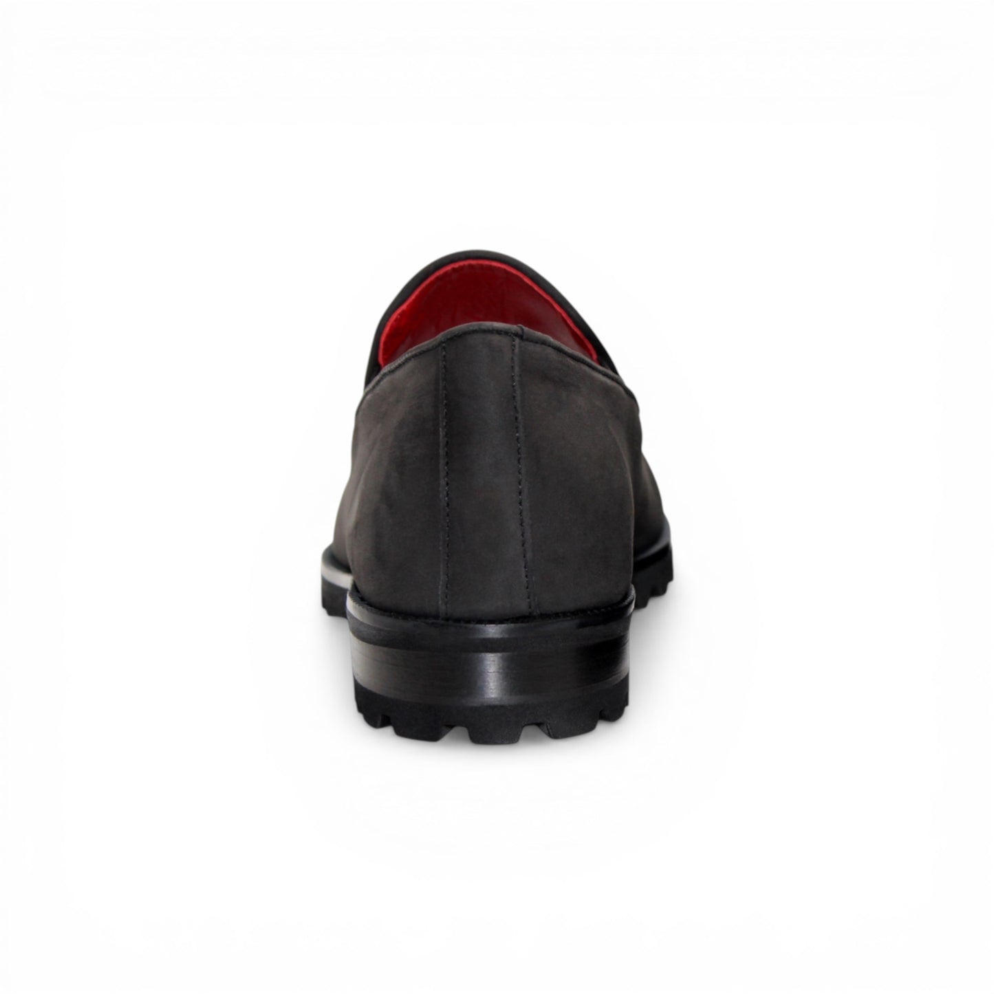 Emilio Franco EF363 Black loafer featuring a genuine Nabuk leather upper, metal bit detail, visible red inner lining, black rubber sole, and toe stitching, displayed on a white background.