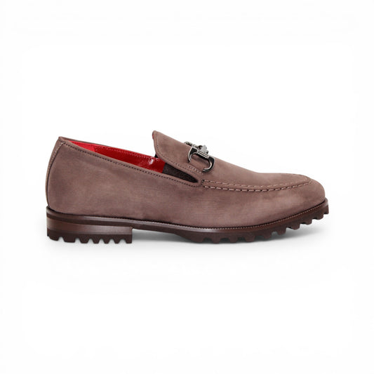 Emilio Franco EF363 Brown loafer, crafted from Italian Genuine Nabuk suede, showcases a sophisticated metal bit detail, red interior lining, moccasin-style stitching, and a textured rubber sole—an elegant men’s dress shoe by Emilio Franco, displayed from the side on a white background.