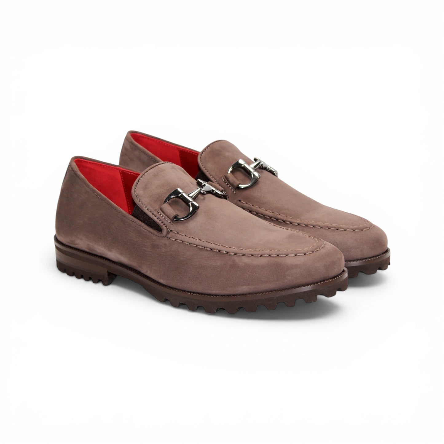 Emilio Franco EF363 Brown loafer, crafted from Italian Genuine Nabuk suede, showcases a sophisticated metal bit detail, red interior lining, moccasin-style stitching, and a textured rubber sole—an elegant men’s dress shoe by Emilio Franco, displayed from the side on a white background.