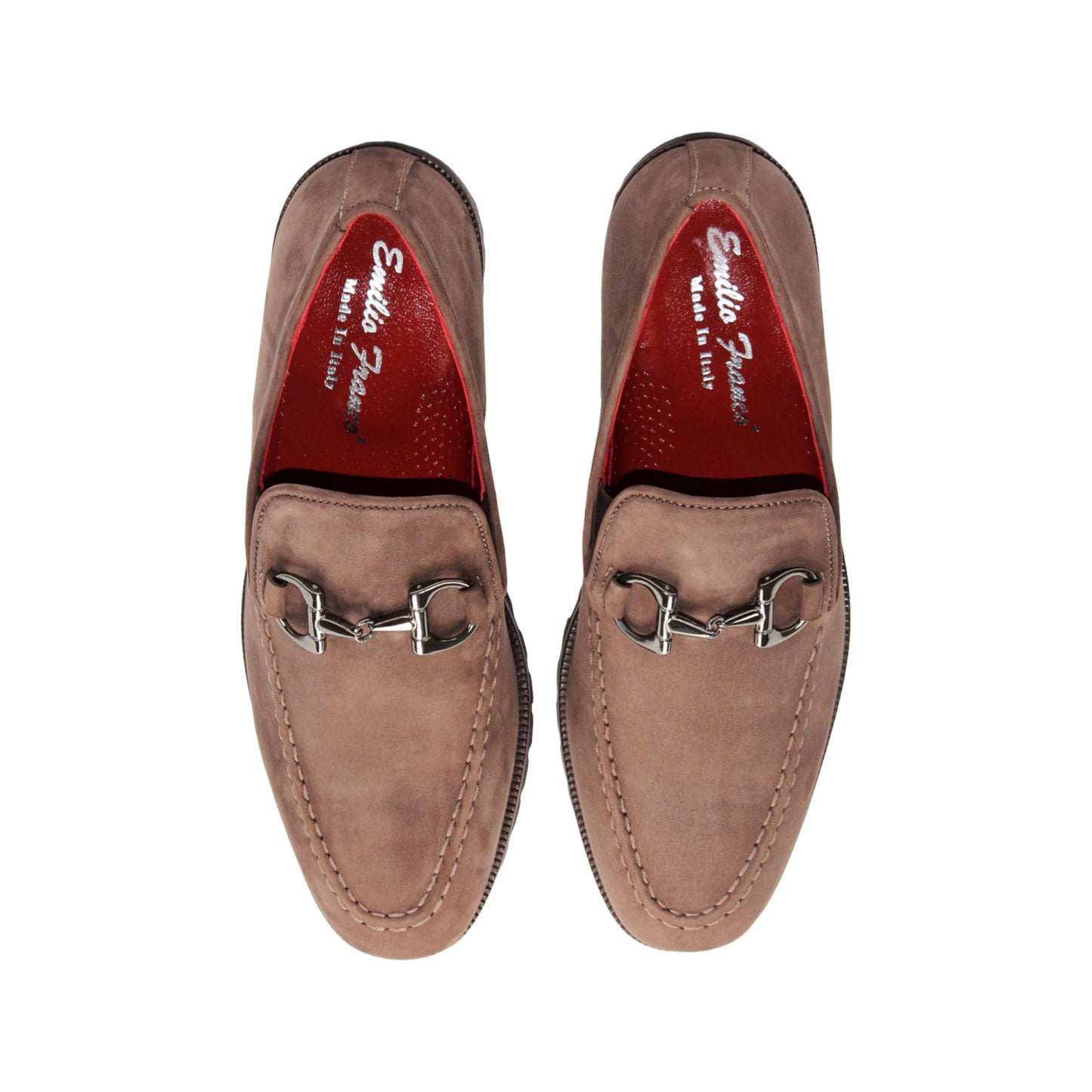 Emilio Franco EF363 Brown loafer, crafted from Italian Genuine Nabuk suede, showcases a sophisticated metal bit detail, red interior lining, moccasin-style stitching, and a textured rubber sole—an elegant men’s dress shoe by Emilio Franco, displayed from the side on a white background.
