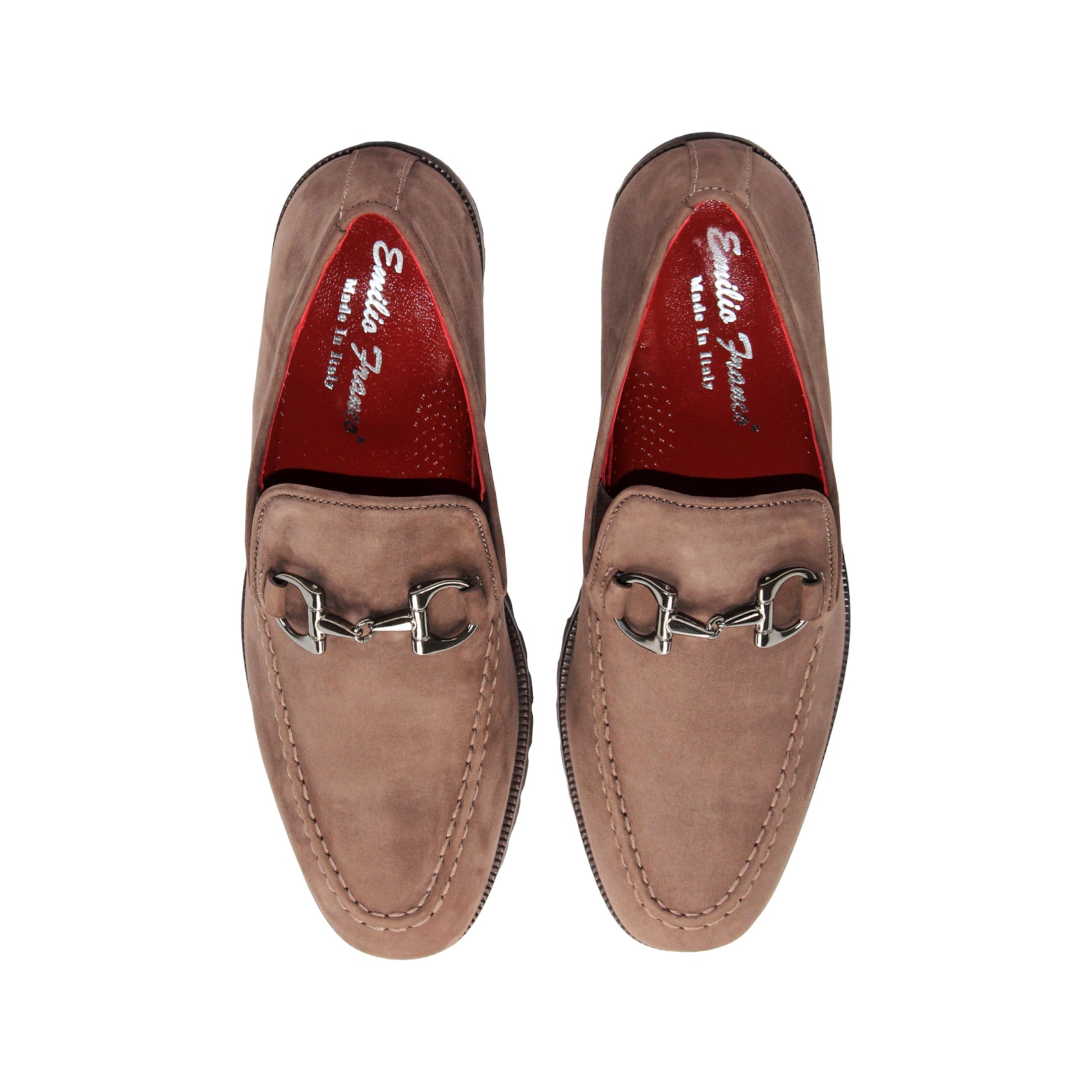 Emilio Franco EF363 Brown loafer, crafted from Italian Genuine Nabuk suede, showcases a sophisticated metal bit detail, red interior lining, moccasin-style stitching, and a textured rubber sole—an elegant men’s dress shoe by Emilio Franco, displayed from the side on a white background.